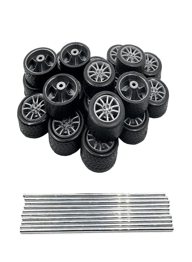 URIMPAVIDO 20PCS Small Toy Car Wheel 16mm Model Car Mini Rubber Tire Wheels with 10PCS Shaft Round Rod Axles for DIY Model Toy RC Car Truck Robot Building Accessories (Silver 2x16mm) - Image 1